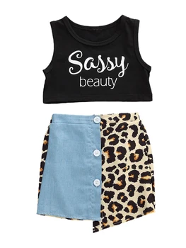 

Toddler Baby Girl Letter Printed Tank Top Black Shirt Leopard Print Skirts Kids Girls 2PCS Set 1-5Y
