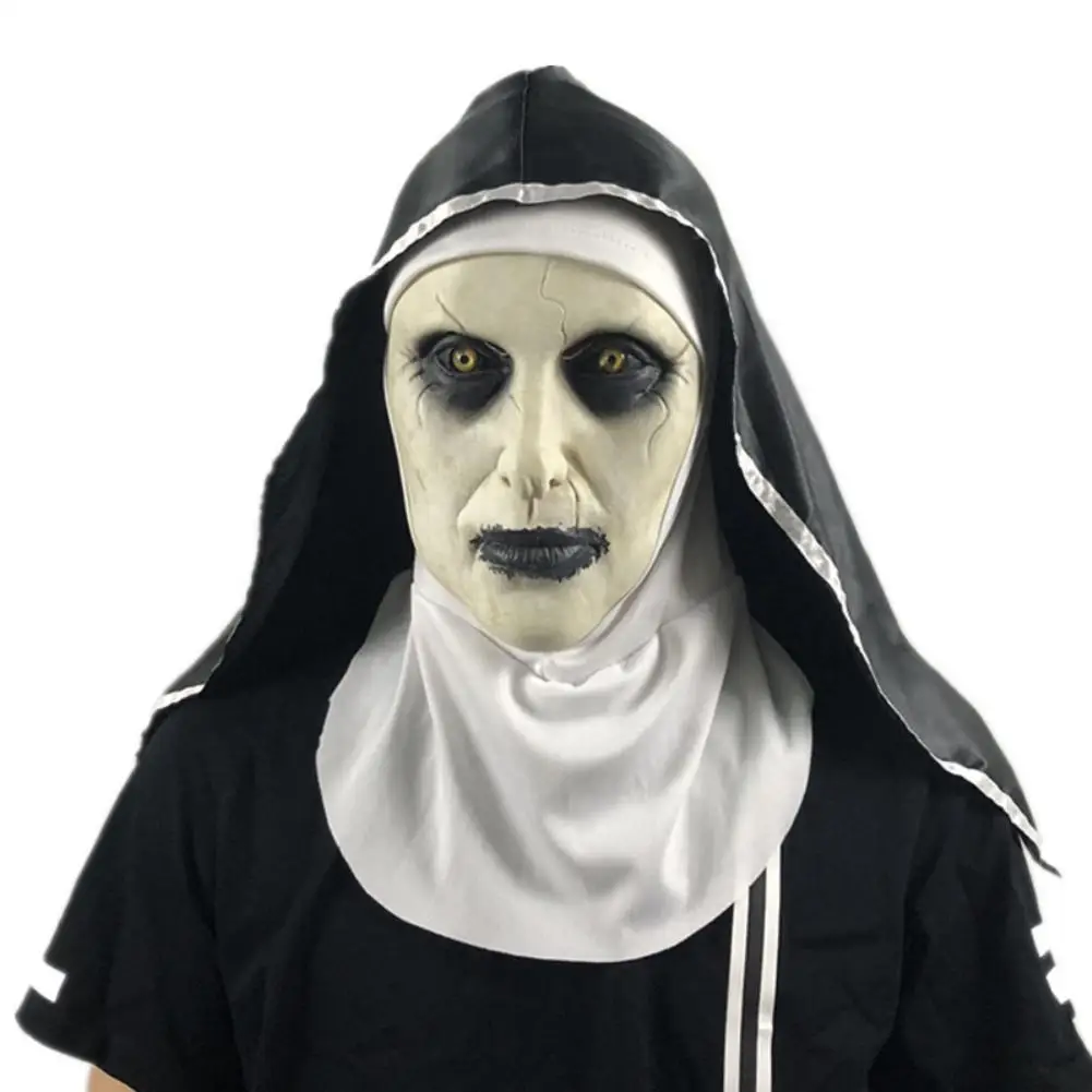 

DSstyles Horror play suit props The Nun Mask Halloween Party The Conjuring Valak Scary Latex Masks with Headscarf