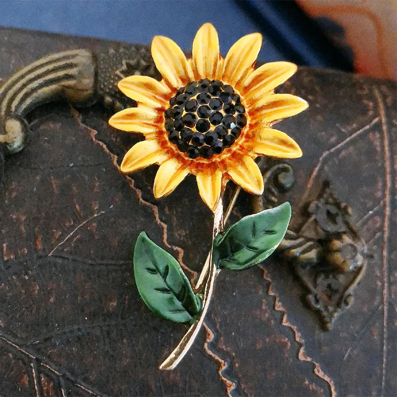Handmade Sunflower Brooch Pin With Crystal Beading - Gold Or Ladybug Style, Gift Boxed