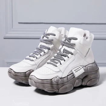 

Women Casual Shoes High Top Sneakers Bear Sole Leather Winter Platform Female Height Increasing 8.5 cm Dad Chunky Sneakers