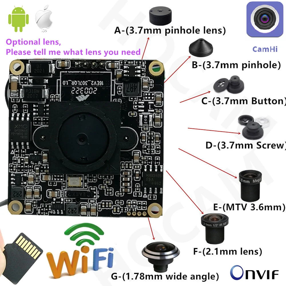 Модуль беспроводной IP-камеры Camhi 2 МП 1080P HD Onvif P2P размер 38*38 мм аудио Wi-Fi слот для
