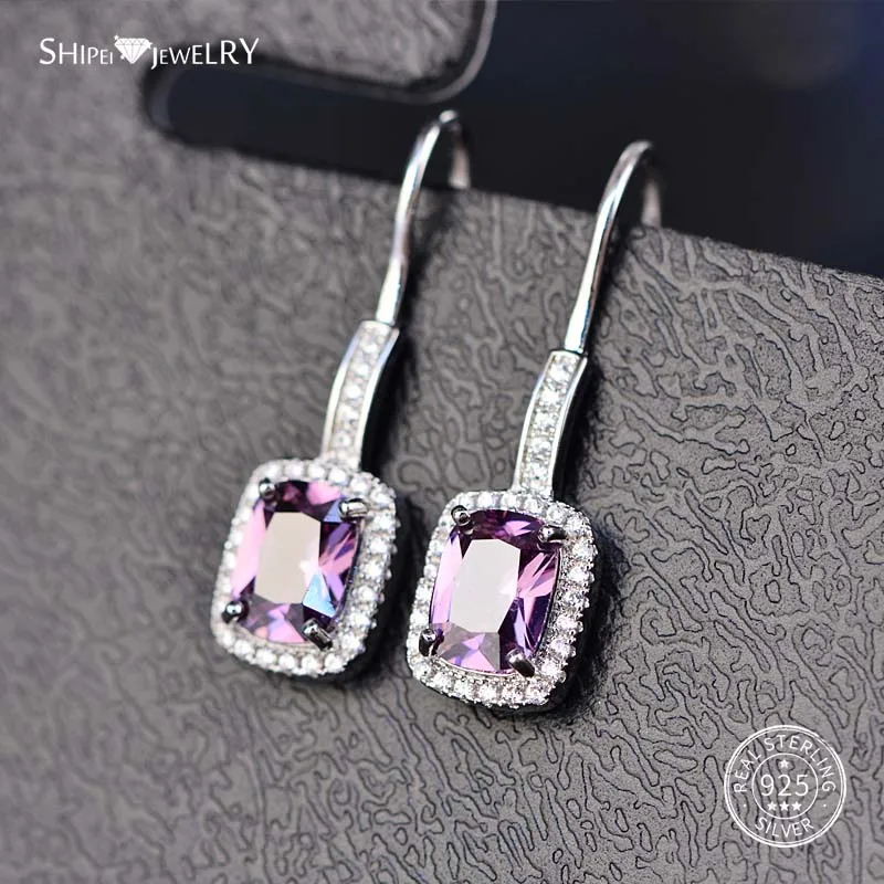 Shipei 925 пробы Серебряные Ювелирные Украшения Розовый Желтый Сапфир Изумруд Рубин квадратные Висячие серьги для женщин подарок на день рождения - Цвет камня: Purple Sapphire