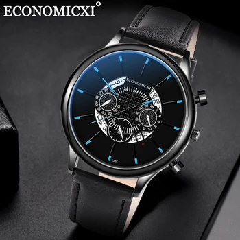 

Retro Three Eye Men Watches Blue Luxury Business Male Leather Strap WristWatch Man Date Relogio Masculino Clock Gift