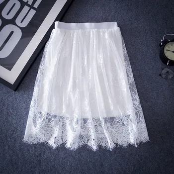 

Fashion Women lace fabric hollow Skirts wild bottoming curtain decoration Skirt Slim was thin gauze cloth lined Summer Skirt Rk