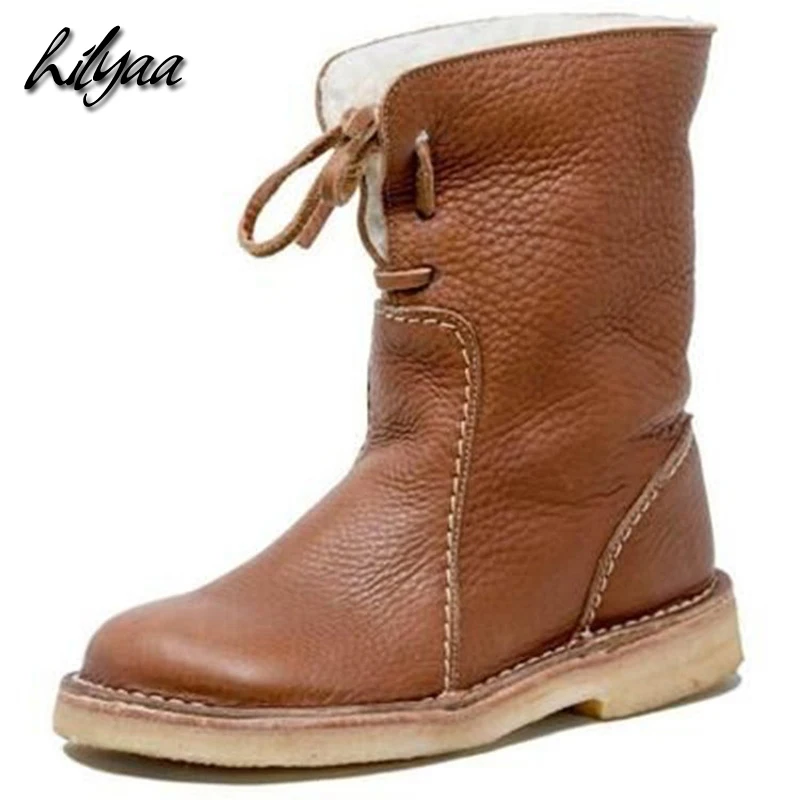 

Woman Warm Fashion Mid-Calf Boots Hot PU Leather Female Snow Boots Lamb Wool Mid-Calf Ladies Warm Platform Boots Big Size 35-43