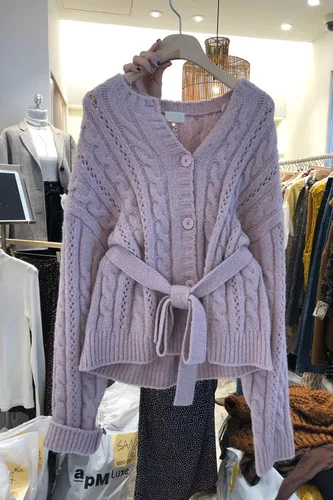 purple Neploe твист свитер вязаный кардиган женский корейский пояс тонкая талия пальто осень однобортный v-образный вырез трикотажная куртка 55774 - Цвет: purple