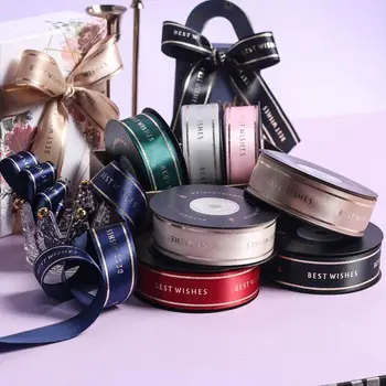 

50 Yards Hot Stamping Satin Ribbon Best Wishes Printed Ribbon for Gifts Flower Wrapping Christmas Festival Decor Sewing Material