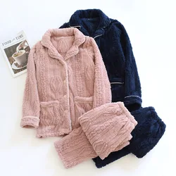 New Autumn and Winter Couple Pajamas Two-piece Flannel Thickened Large Size Long-sleeved Trousers Men and Women Home Service Set