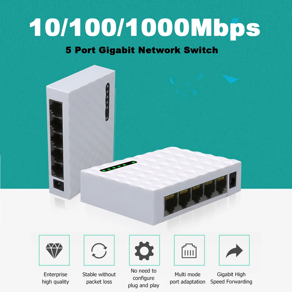 1000M Gigabit Mini 5 Port Fast Ethernet Network Switch LAN Hub RJ45 Ethernet and Switching Hub Shunt Desktop Switch Network Switch Ethernet Network