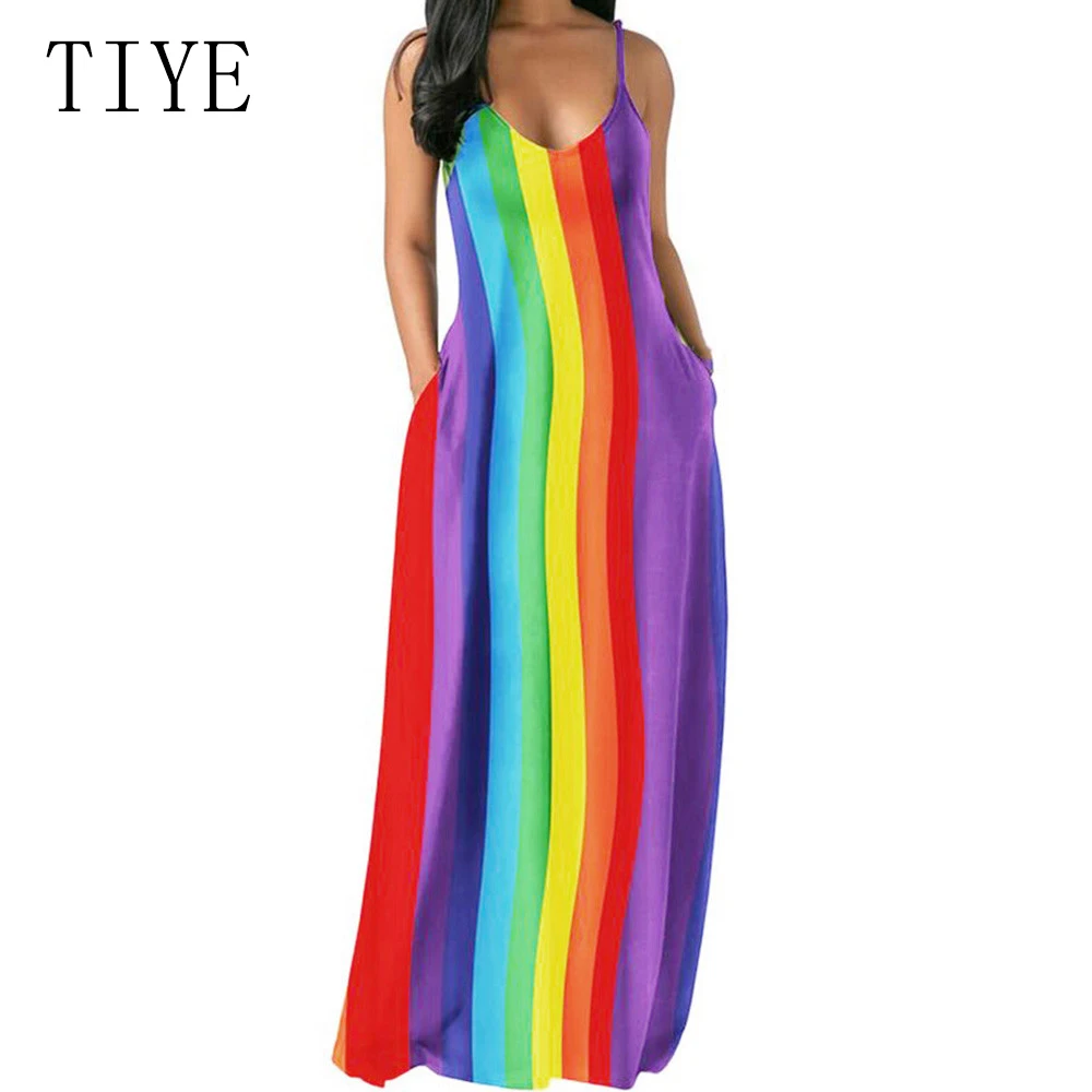 Rainbow Print Long Dress Women Straps V Neck Sleeveless Pockets Boho Maxi Dress