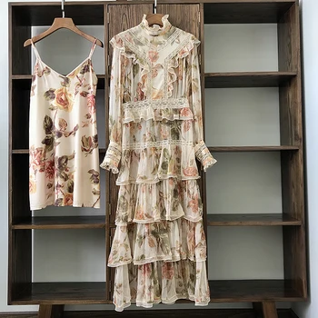 

Top Quality Real Silk Long Dresses Women 2020 Spring Holiday Style Luxury White Lace Patchwork Lantern Sleeve Cake Dress