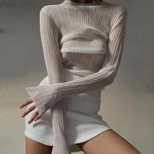 

Fall Elegant Short Slim T-shirt Elegant and Fashionable Ruffled See-through Wood Ear Round Neck Blue Long-sleeved Women's Tops