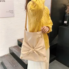 Сумка на одно плечо с бантом из овечьей шерсти, одноцветная универсальная Студенческая парусиновая многоразовая сумка для покупок, эко большая ВМЕСТИТЕЛЬНОСТЬ