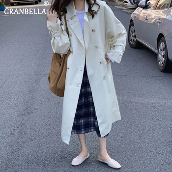 

Korean Style Plus Size Women Double Breasted Slim Long Trench Coat Chic Solid Color Windbreaker With Belt Manteau Femme