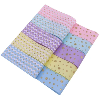 

New arrival 38mm gold glitter and white ink stripe/chevron/polk dots printing grosgrain ribbon,25 yards per lot