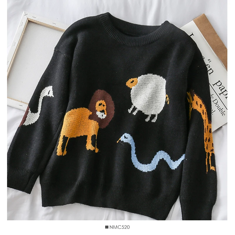 Mooirue, Осенний Повседневный вязаный свитер, Забавный мультяшный принт с животными, круглый вырез, винтажная уличная одежда, корейский винтажный пуловер Harajuku