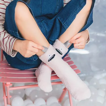 

Little Monster Cartoon Socks Women Winter Funny Coral Velvet Medium Tube Pink Socks Winter and Autumn Keep Warm