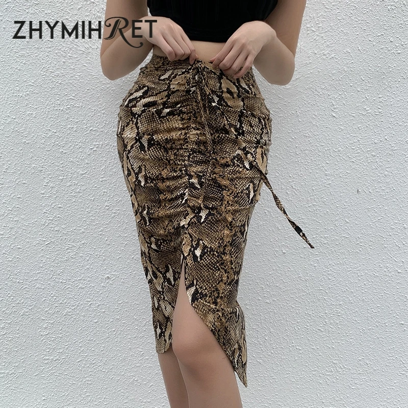 ZHYMIHRET, осенняя Женская юбка со змеиным принтом, с высокой талией, с рюшами, на шнуровке, сексуальная юбка миди, с разрезом спереди, Женская юбка