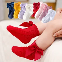 

0-5Years Newborn Baby Girls Socks With Bows Breathable Toddlers Girl Short Socks Hollow Out Kids Infant Princess Cute Socks