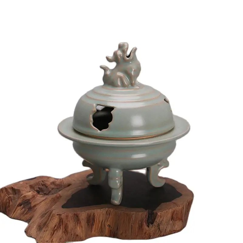 

Early collection of Song Ru kiln iron kylin beast hollowed out three-legged incense burner home porcelain