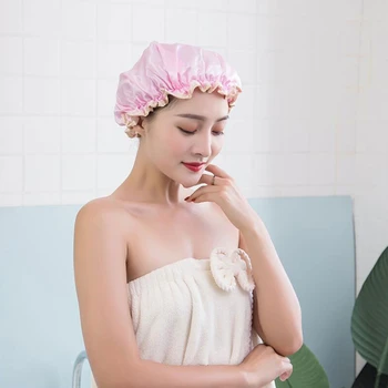 

Hot Cute Bath Hat Lace Elastic Band Household Double Waterproof Shower Caps Reusable PEVA Thick Womens Oil-proof Shampoo Caps