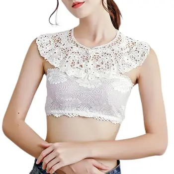 

Japanese Women O-Neck Sweet Doll Fake Collar Hollow Crochet Floral Lace Half Shirt Faux Pearl Button Decorative Sweater Shawl
