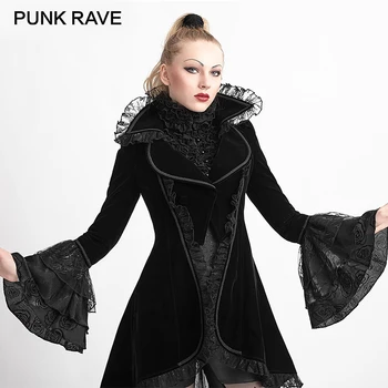

PUNK RAVE Autumn Winter Gothic Forked Tail Coat Steampunk Flare Sleeves Lace Jacket Lady Velvet Fabric Overcoats Women Halloween