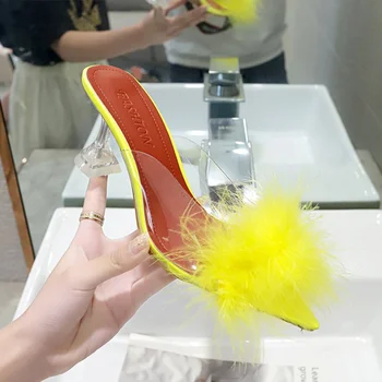 

Women's Slippers Feather Pointed Toe Sandals PU High Heels Female Transparent Shoes Summer Fashion Ladies Plus Size 2020 Woman