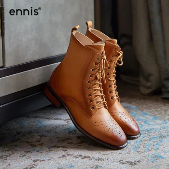 

ENNIS Designer Brogue Boots Low Heel Retro Vintage Shoes Woman Lace Up Ankle Boots Square Autumn Winter Shoes Female Boots A0232