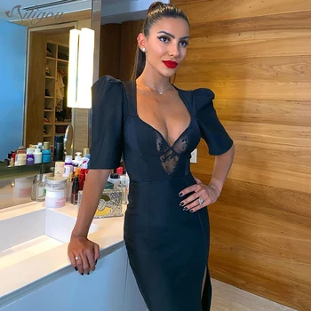

Ailigou 2019 Autumn New Women's Black Bandage Dress Sexy Bubble Short Sleeve Lace Perspective Split Vestidos Dress