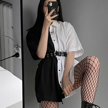 SUCHCUTE Patchwork Women Mini Dress With Button Loose Solid Streetwear Gothic Short Sleeve Dresses Modis