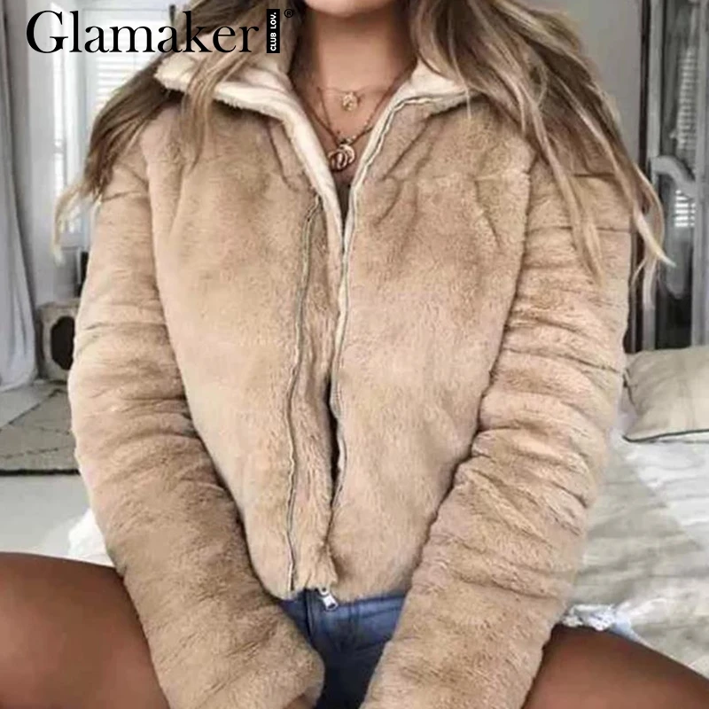 amazing  Glamaker Turndown collar faux fur jackets Women long sleeve zipper elegant coat Female autumn winte