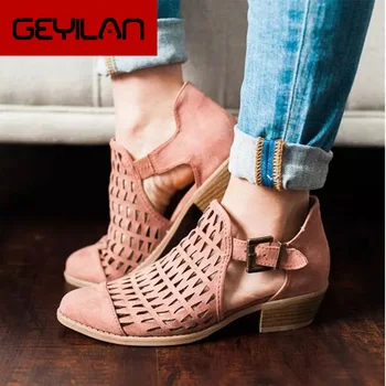 

Summer Women Buckle Strap Retro Ankle Boots Female Hollow Out Casual Thick Low Heels Ladies Fashion Breathable Shoes