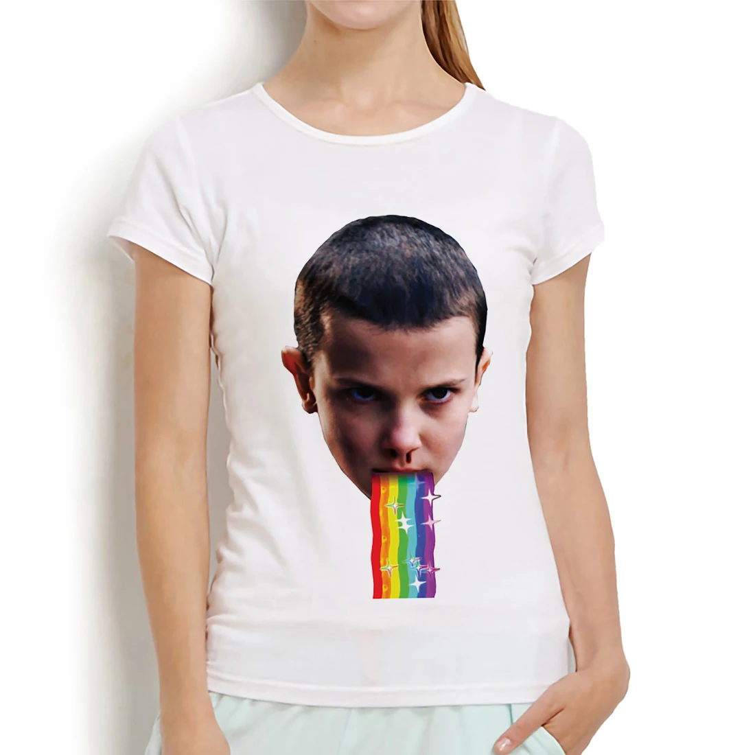 Странные Вещи Eleven Puking Rainbow Snapchat фильтр забавная аниме футболка женская новая