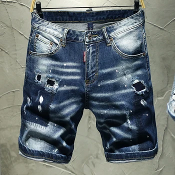 

New shorts blue jeans men ripped torn jeans for men stretch five short pants jeans painted male the Summer hip hop streetwear