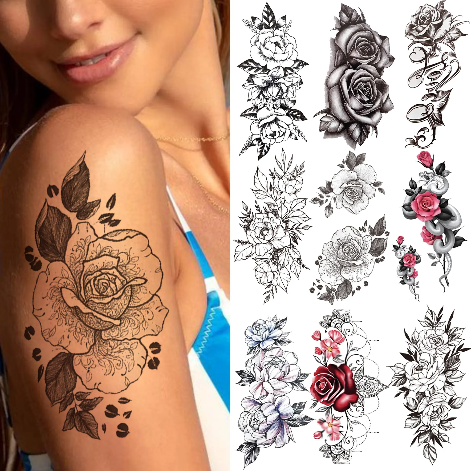 

3D Rose Flower Temporary Tattoos For Women Girls Black Cluster Orchid Peony Tattoo Sticker Fake Body Art Painting Tatoos Paper