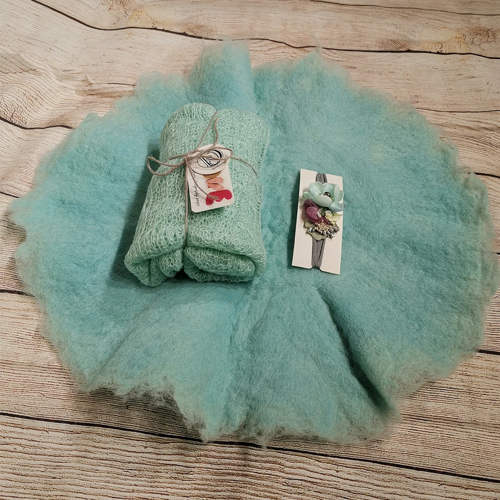 

A set Handcraft Wool Felted Round Blanket+ 150*40cm Mohair Stretch Knit Wrap+Cotton Headband for Newborn Baby Photography Props