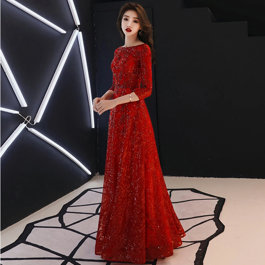 Vestido de festa robe de soiree, красное вино, половина рукава, новинка, круглый вырез, блестки, ткань, сексуальные длинные вечерние платья