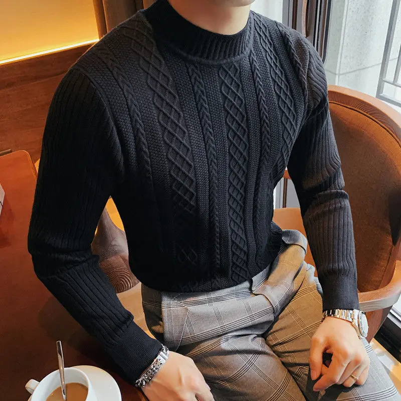 Gocgt Mens Mens Slim Sweater Simple Pure Color Pullover Linen High Neck Blouses