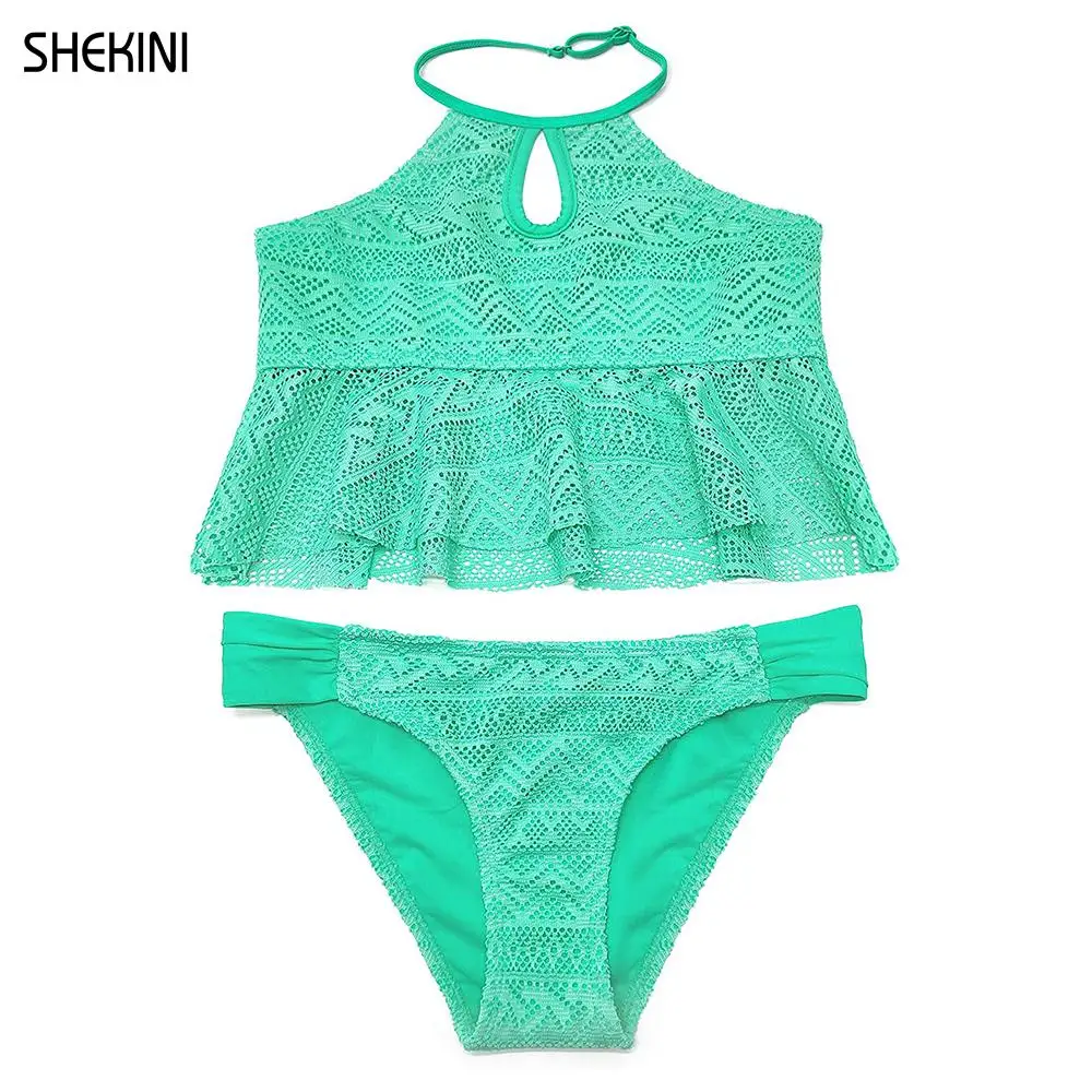 SHEKINI Girls Halter keyhole Bathing Suit Ruffles Flounce Crochet Mesh Fabric Two Piece Swimsuit For Girls Beachwear Teen Bikini