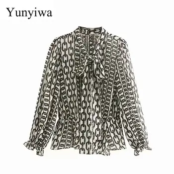 

New Women Vintage Chain Printing Casual Smock Shirts Blouses Women Bow Tied Business Roupas Autumn Femininas Chemise Tops