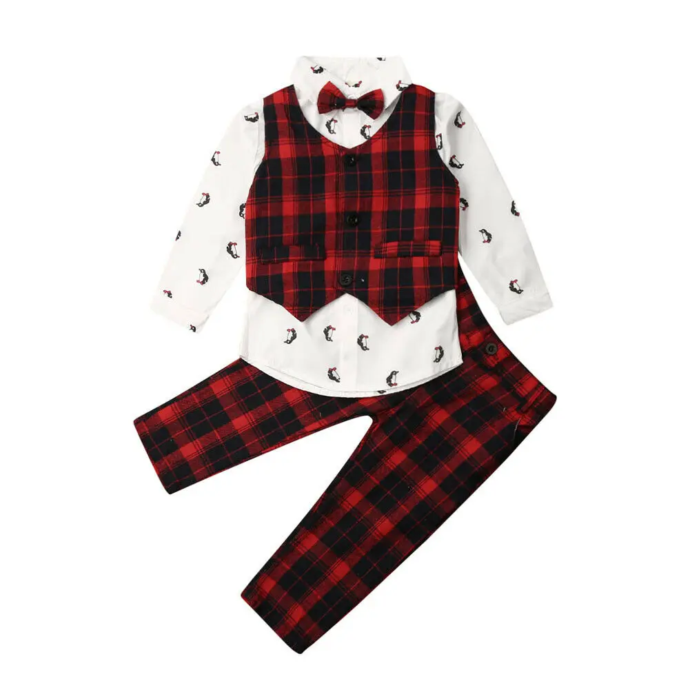 

2-7Y Toddler Kids Baby Boy Long Sleeve Shirt Tops Plaid Vest Jacket Long Pant 3PCS Outfits Xmas Party Clothes Set