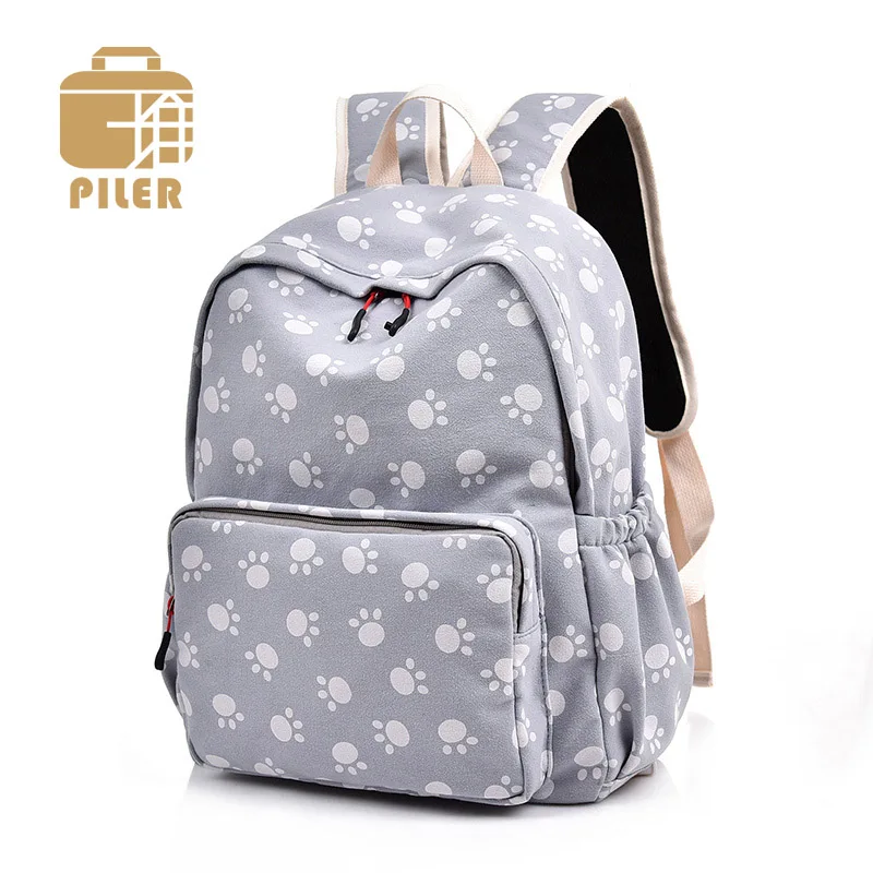 

Piler 2019 Women Canvas Cotton Backpack for Teenagers Girls Cute Female Travel Rucksack Paw Print Backpack Women School Bags