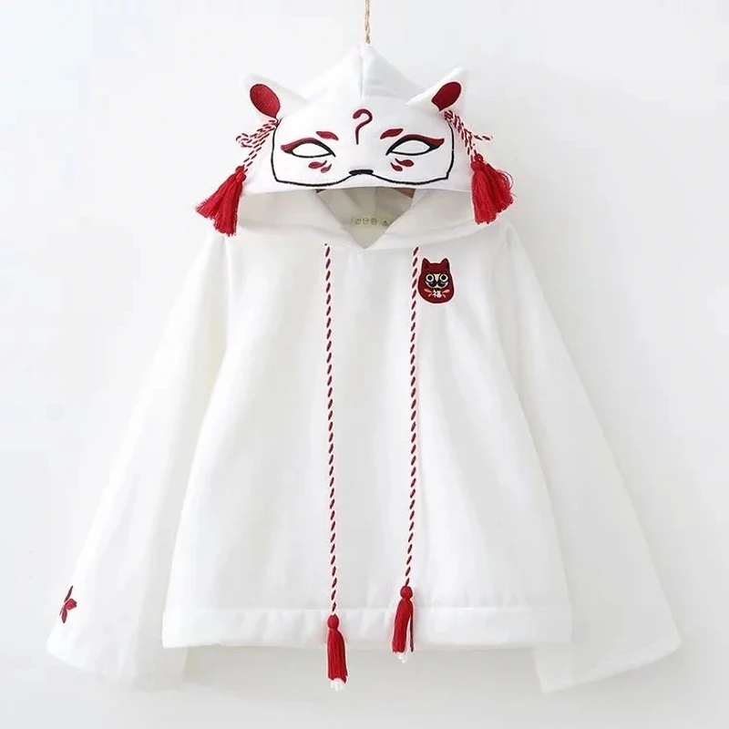 

Japan Fox Women's Autumn Long Sleeve Shirt Embroidery Sleeve Coat White Pullover Top