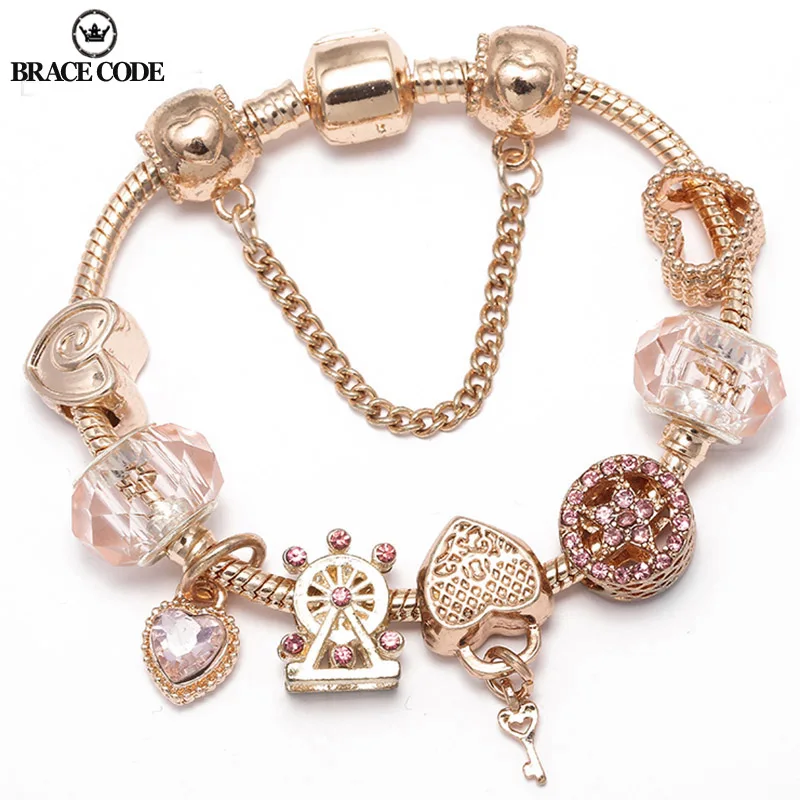 New Rose Gold Diy Charm Bracelet With Love Heart Pendant Beads Brand