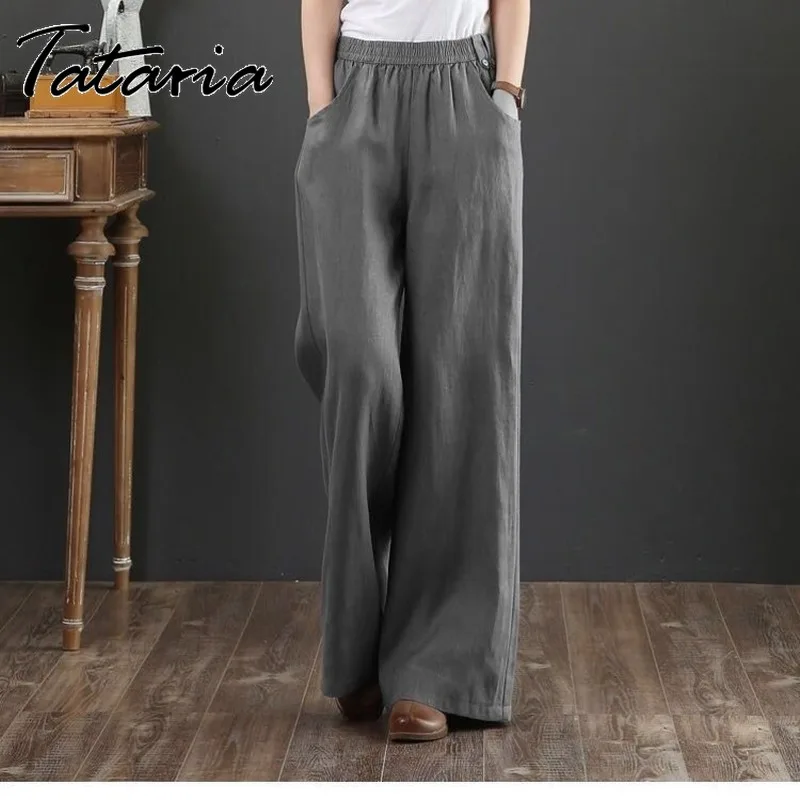 Las mujeres de lino de algodón pantalones casuales de talla grande pantalones de talle alto naranja ancho de la pierna pantalones sueltos mujer gris elegante Calle 2021