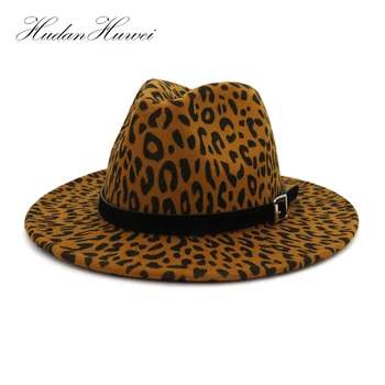 

Autumn Winter Women Men Wide Brim Leopord Printed Faux Wool Hats Lady Panama Vintage Fedora Hat Jazz Cap with Belt Buckle 60 CM