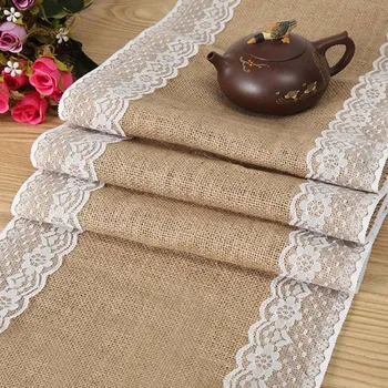 

Vintage Natural Burlap Jute Lace Table Runner Table Decoration for Wedding Home Party Banquet Birthday Christmas