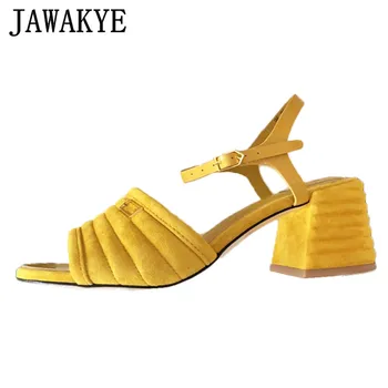 

Summer New Sandals Block Heel Open Toe Leather Shoes White Yellow Ankle Strap Women's Designer Shoes