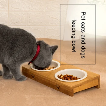 

Ceramic Bowl Wooden Table Pet Dog Cat Bamboo Wood Table in a Kitten Double Bowl Non-slip Small Dog Food Bowl